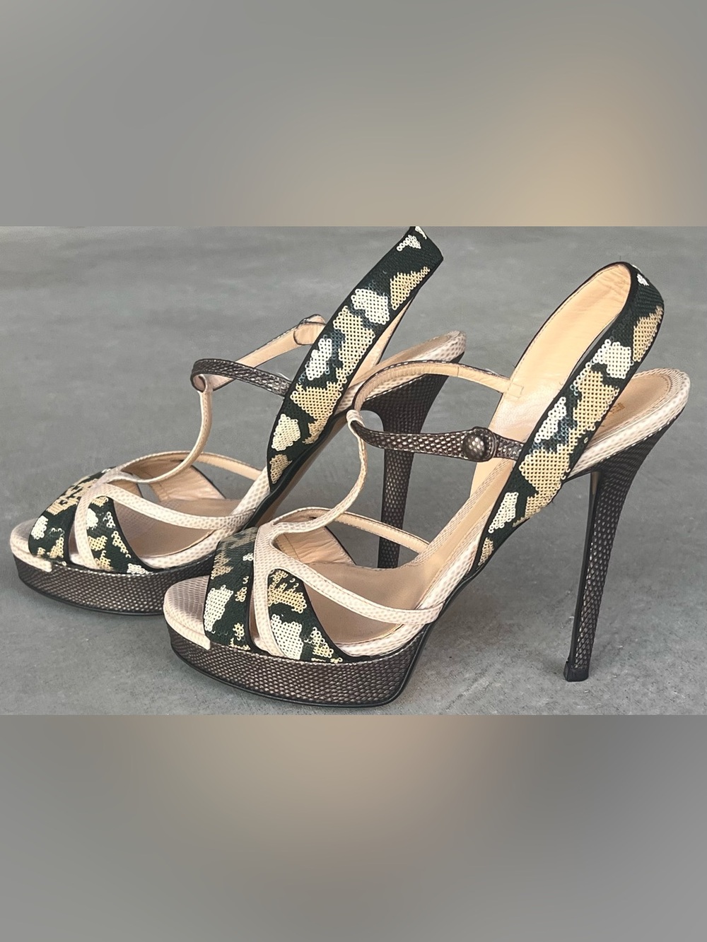 Fendi Sequin Leather T-Strap Platform Stiletto Slingback Sandals EU 38 Italy